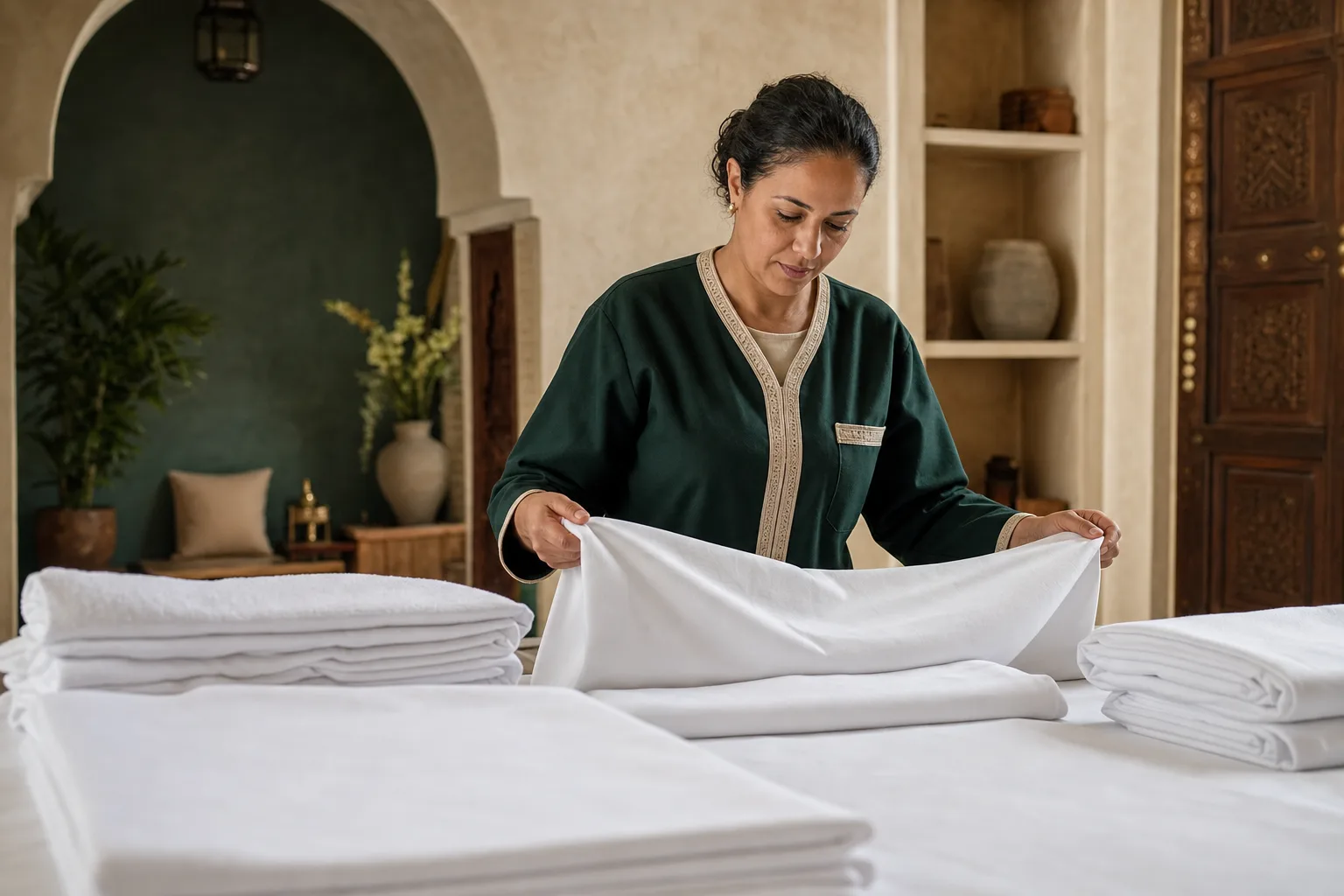 Contrôle et pliage du linge hôtelier Easy Linge Kech dans un riad à Marrakech